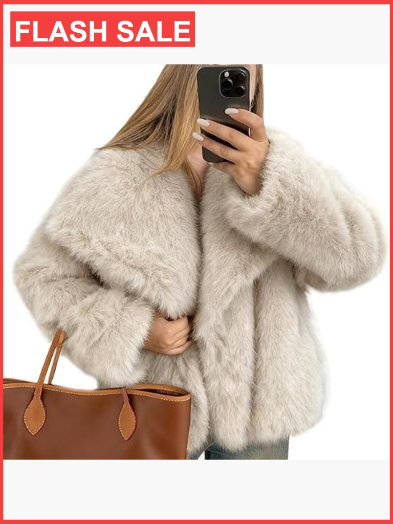 Luxurious Faux Fur Coat Fluffy Jacket Long Sleeve Shawl Collar Short Coat